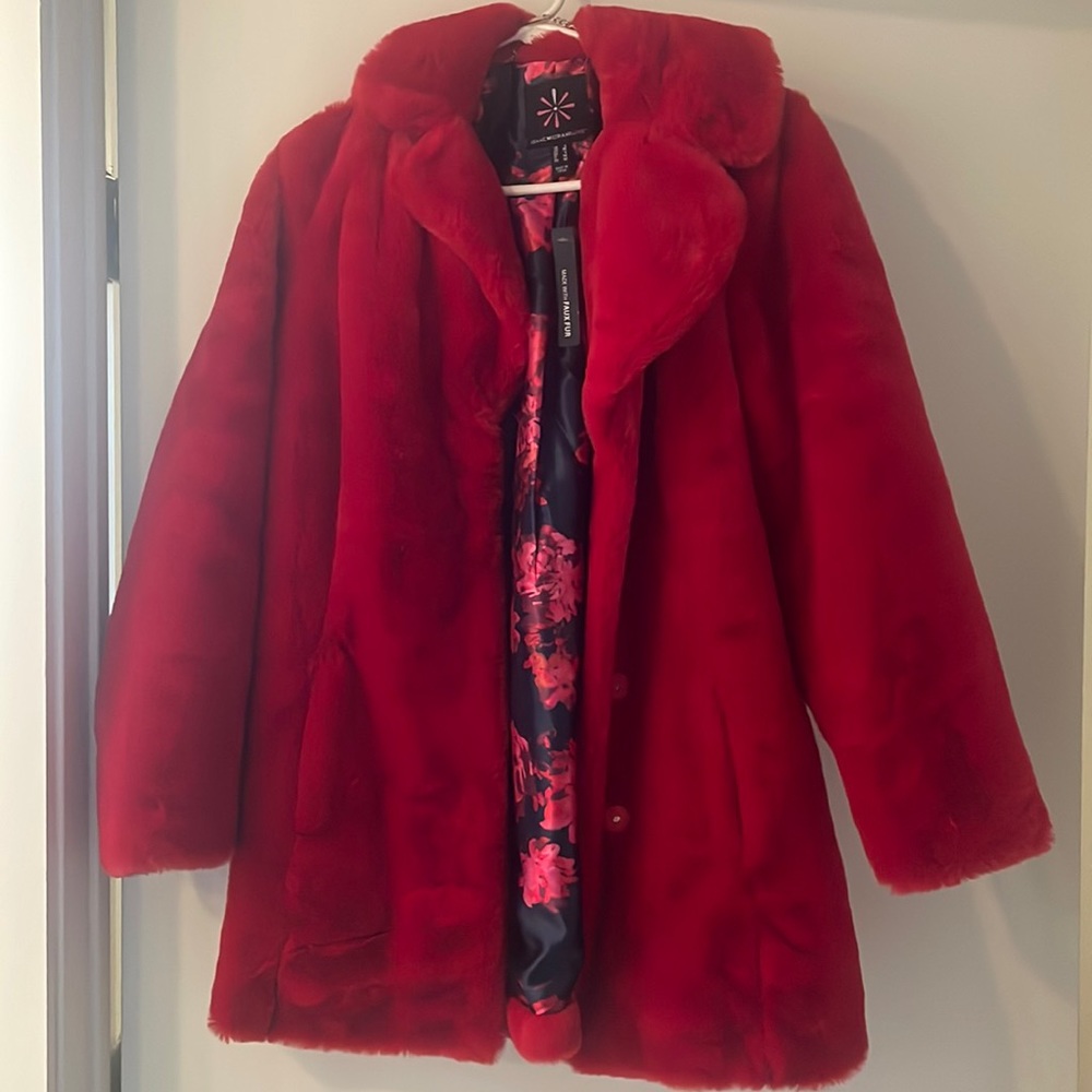 Red faux fur coat